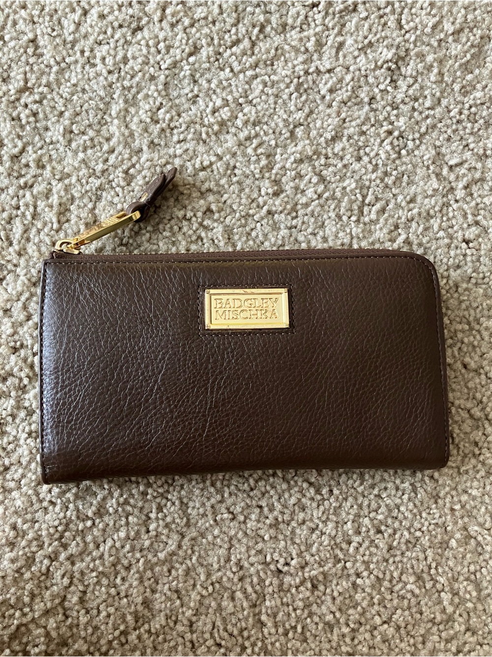 Badgley Mischka Dark Brown Zip Around Wallet with Gold Plaque